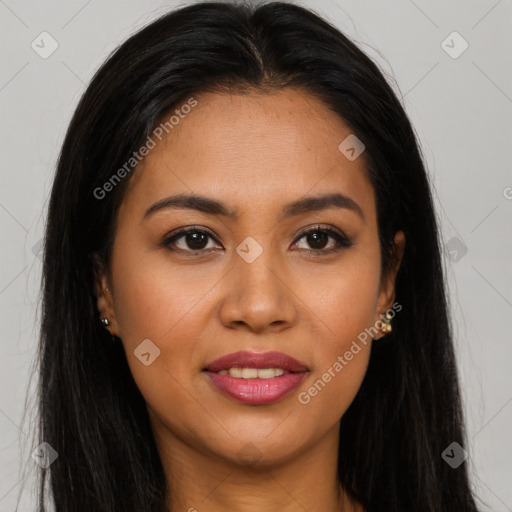 Joyful latino young-adult female with long  brown hair and brown eyes