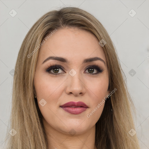 Joyful white young-adult female with long  brown hair and brown eyes