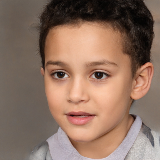 Joyful white child female with short  brown hair and brown eyes