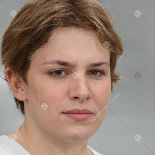 Neutral white young-adult female with medium  brown hair and brown eyes