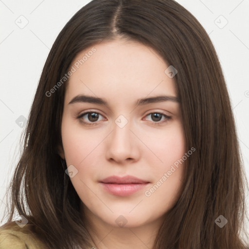 Neutral white young-adult female with long  brown hair and brown eyes