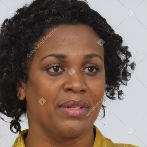 Joyful black adult female with medium  brown hair and brown eyes