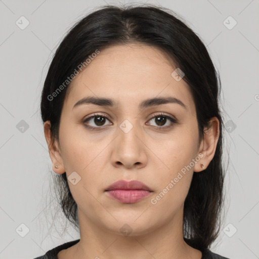 Neutral white young-adult female with medium  brown hair and brown eyes