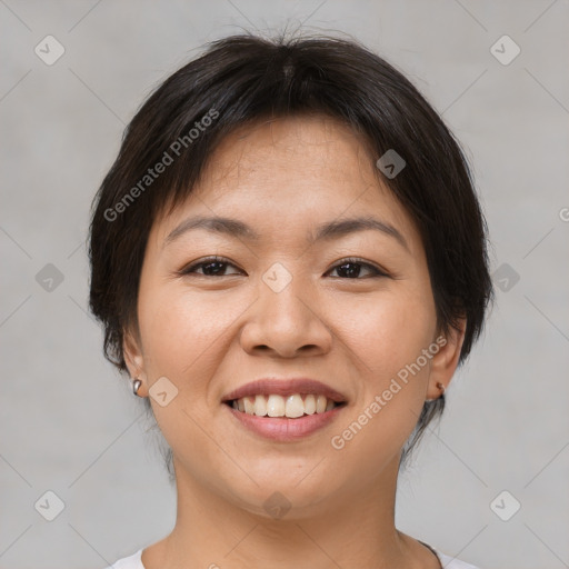 Joyful white young-adult female with medium  brown hair and brown eyes