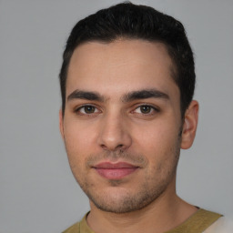 Neutral white young-adult male with short  black hair and brown eyes