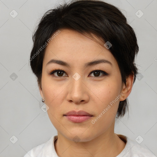 Neutral asian young-adult female with medium  brown hair and brown eyes