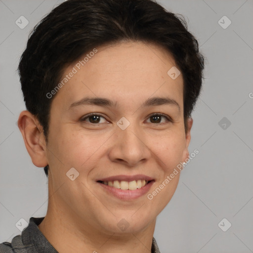 Joyful white young-adult female with short  brown hair and brown eyes