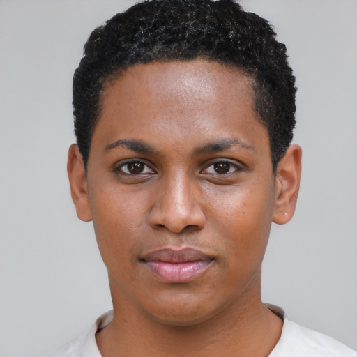 Neutral black young-adult female with short  black hair and brown eyes