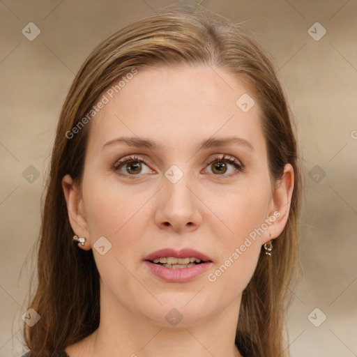 Joyful white young-adult female with medium  brown hair and green eyes