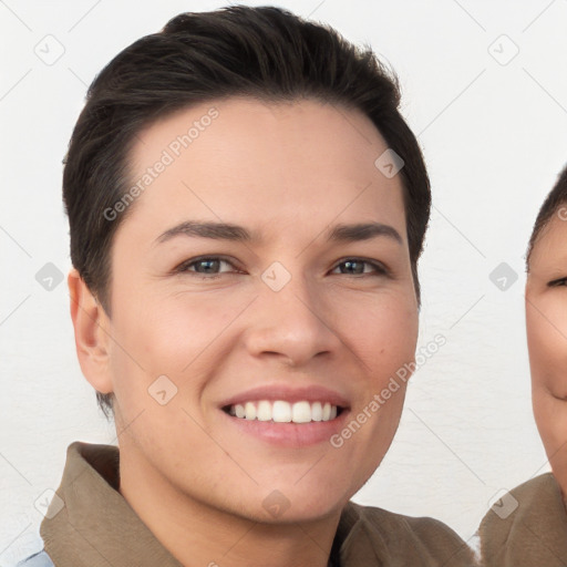 Joyful white young-adult female with short  brown hair and brown eyes