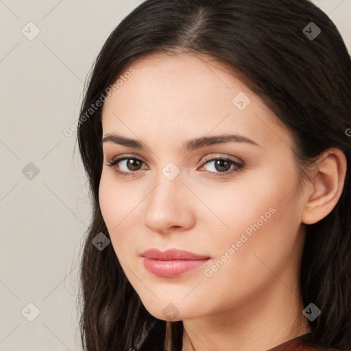 Neutral white young-adult female with long  brown hair and brown eyes