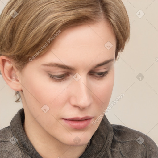 Neutral white young-adult female with medium  brown hair and grey eyes