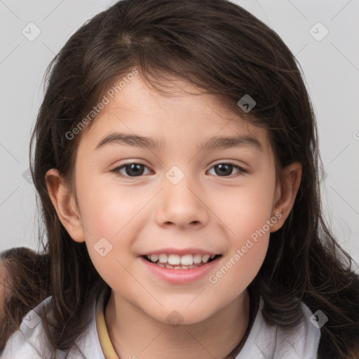 Joyful white child female with medium  brown hair and brown eyes