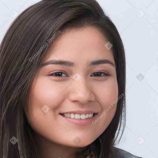 Joyful white young-adult female with long  brown hair and brown eyes