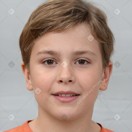 Joyful white child female with short  brown hair and brown eyes