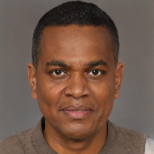 Joyful black adult male with short  brown hair and brown eyes