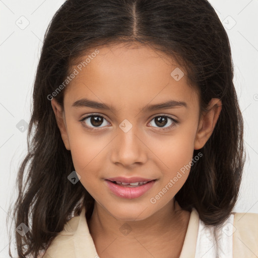 Joyful white child female with medium  brown hair and brown eyes