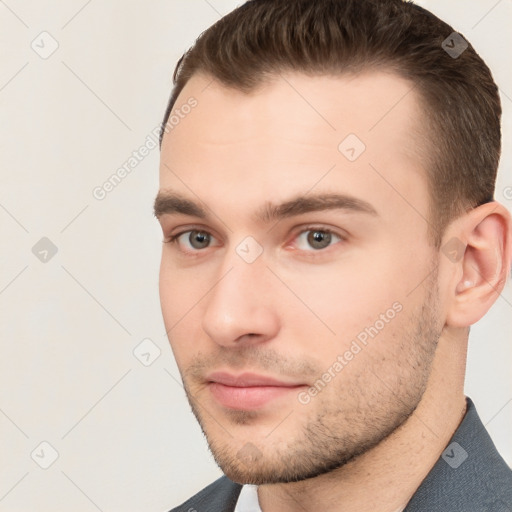 Neutral white young-adult male with short  brown hair and brown eyes