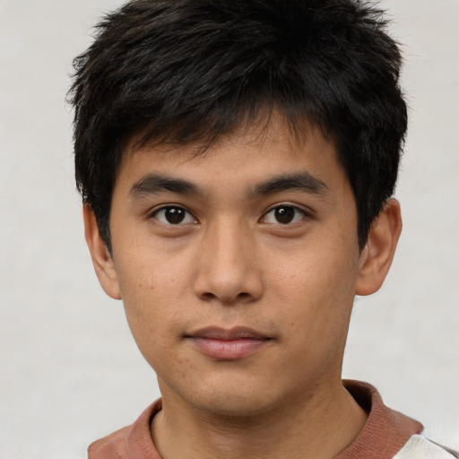 Neutral asian young-adult male with short  black hair and brown eyes
