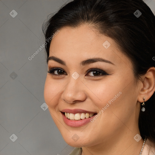 Joyful white young-adult female with long  brown hair and brown eyes