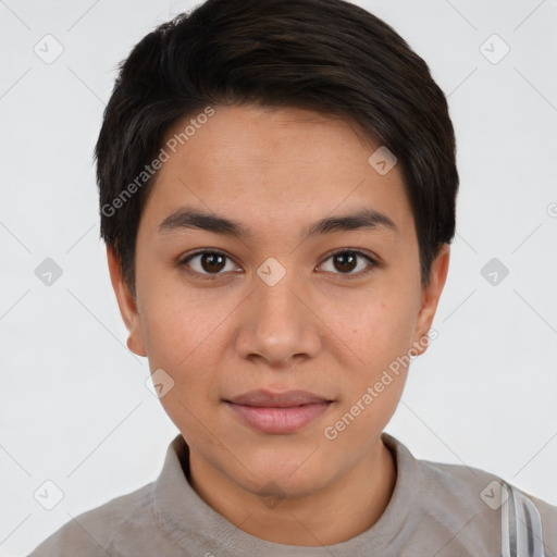 Joyful latino young-adult female with short  brown hair and brown eyes