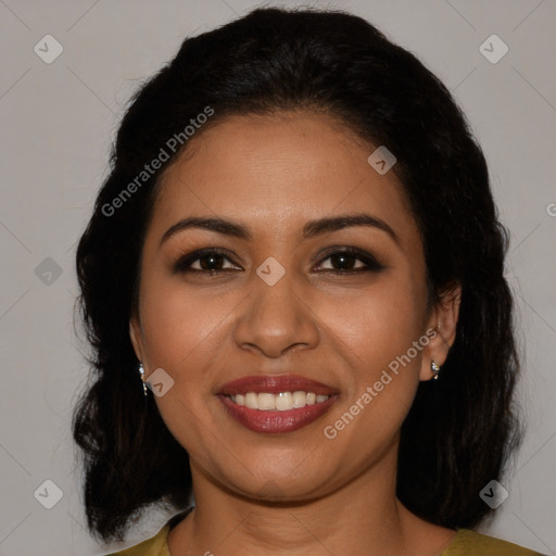 Joyful latino young-adult female with medium  brown hair and brown eyes