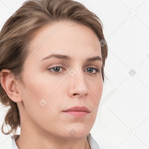 Neutral white young-adult female with medium  brown hair and grey eyes