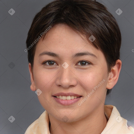 Joyful white young-adult female with short  brown hair and brown eyes