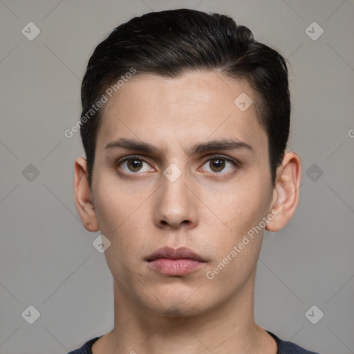 Neutral white young-adult male with short  brown hair and brown eyes