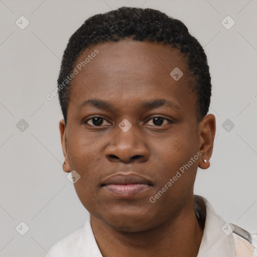 Neutral black young-adult male with short  black hair and brown eyes