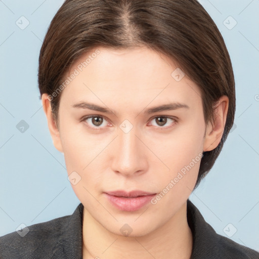 Neutral white young-adult female with short  brown hair and brown eyes