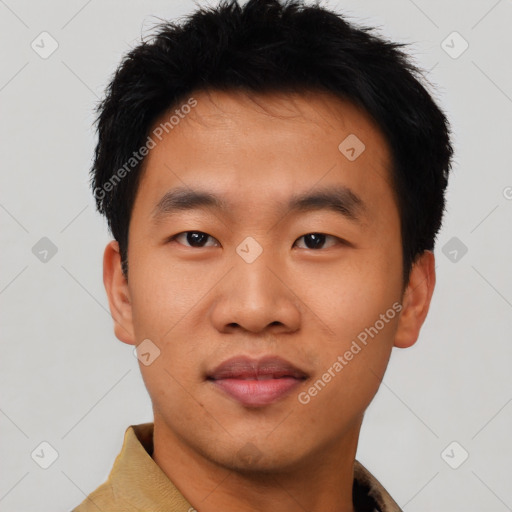 Neutral asian young-adult male with short  black hair and brown eyes