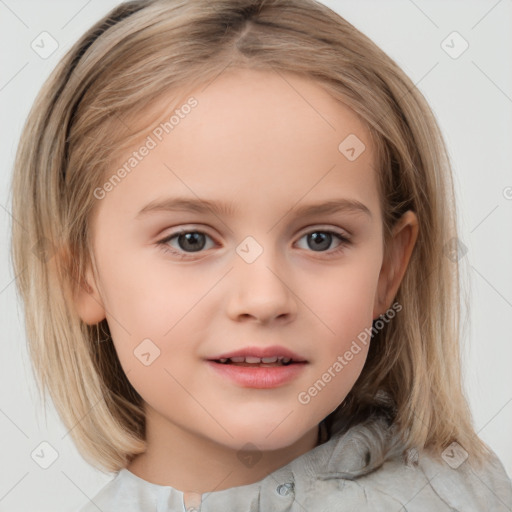 Joyful white child female with medium  brown hair and blue eyes