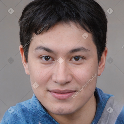 Joyful asian young-adult male with short  brown hair and brown eyes