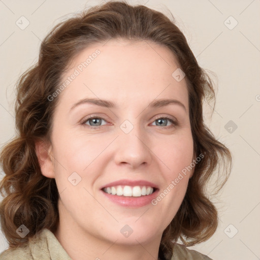 Joyful white young-adult female with medium  brown hair and green eyes