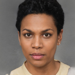 Neutral black young-adult female with short  black hair and brown eyes