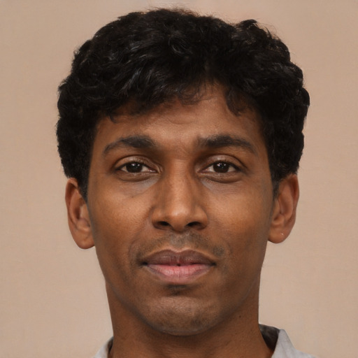 Neutral latino adult male with short  black hair and brown eyes