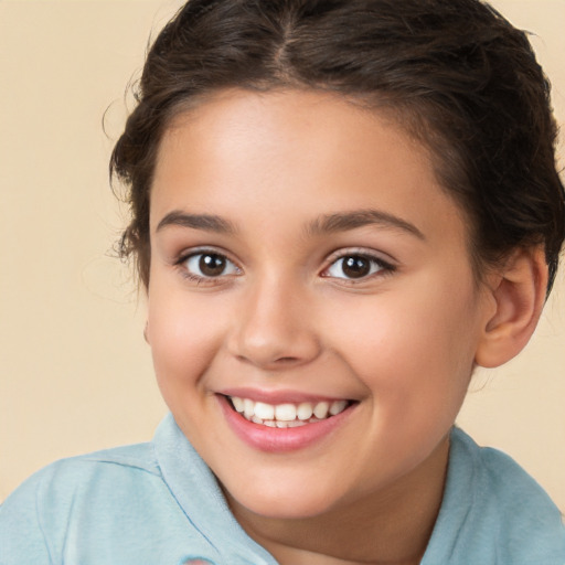 Joyful white child female with medium  brown hair and brown eyes