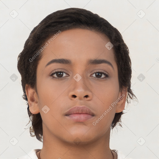 Neutral latino young-adult female with short  brown hair and brown eyes