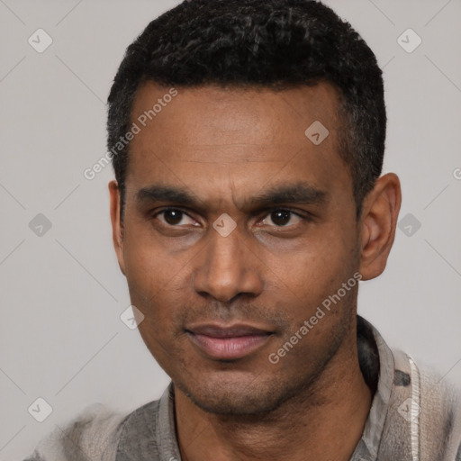 Neutral latino young-adult male with short  black hair and brown eyes