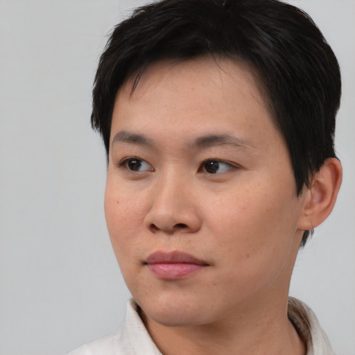 Neutral asian young-adult male with short  brown hair and brown eyes