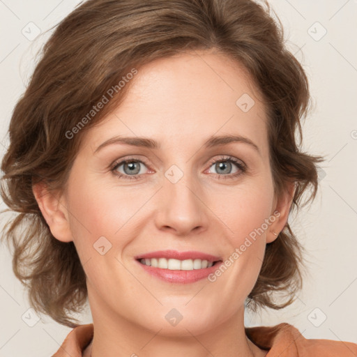 Joyful white young-adult female with medium  brown hair and blue eyes