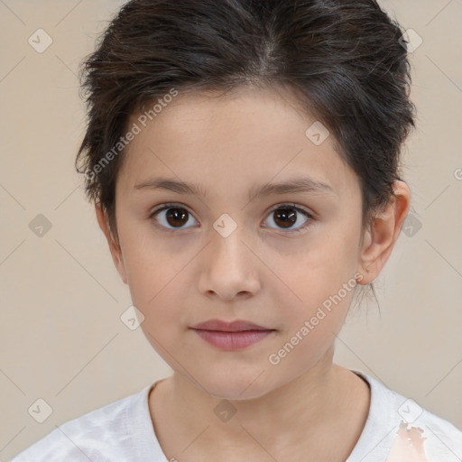 Joyful white child female with medium  brown hair and brown eyes