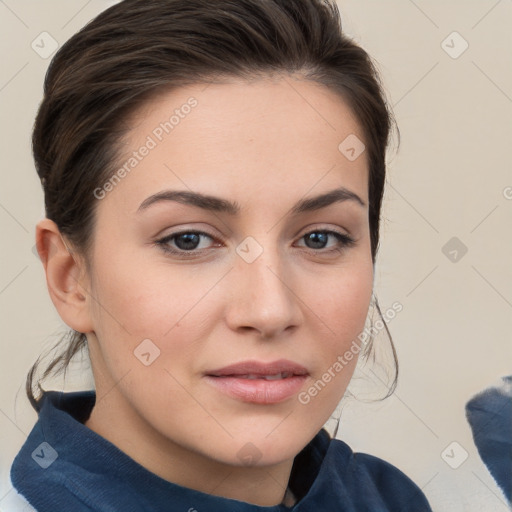 Neutral white young-adult female with medium  brown hair and brown eyes