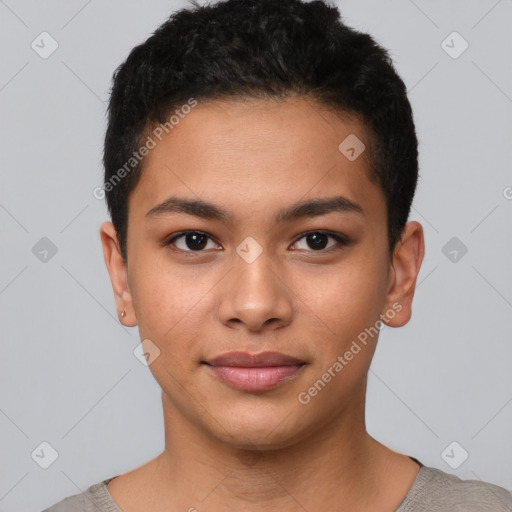 Joyful asian young-adult female with short  brown hair and brown eyes