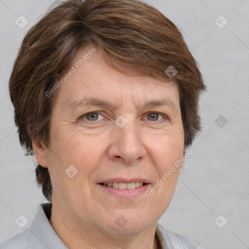 Joyful white adult female with short  brown hair and brown eyes