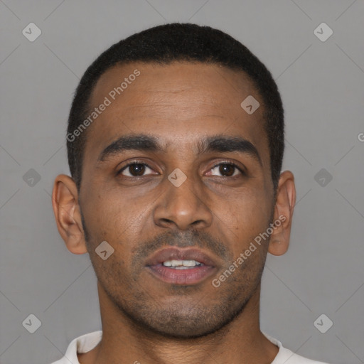 Neutral black young-adult male with short  brown hair and brown eyes