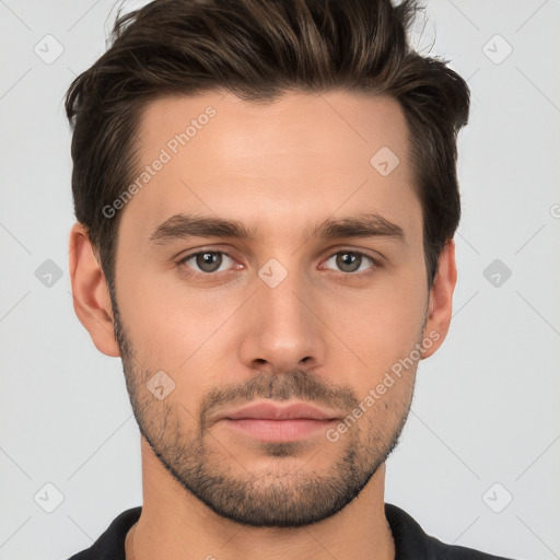 Neutral white young-adult male with short  brown hair and brown eyes