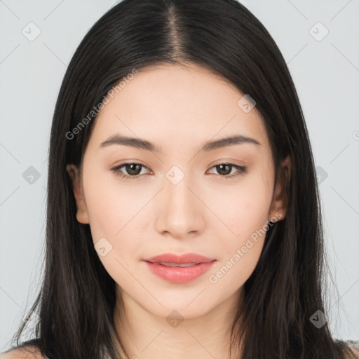 Neutral asian young-adult female with long  brown hair and brown eyes