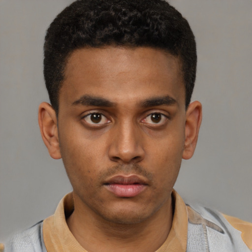 Neutral latino young-adult male with short  black hair and brown eyes